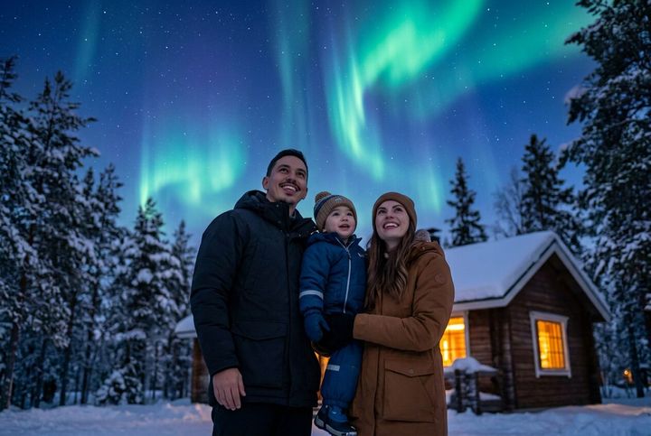 Familia contemplando auroras boreales durante un viaje de invierno