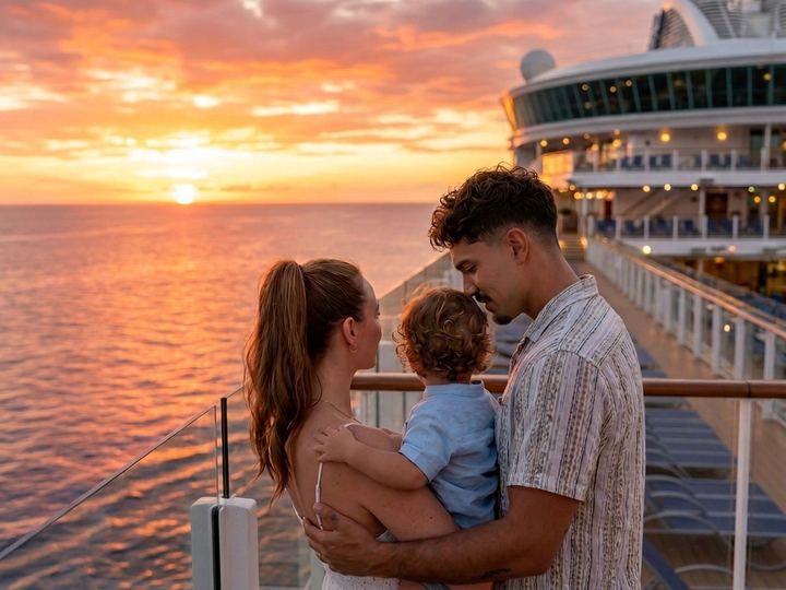 Familia contemplando el atardecer desde un crucero