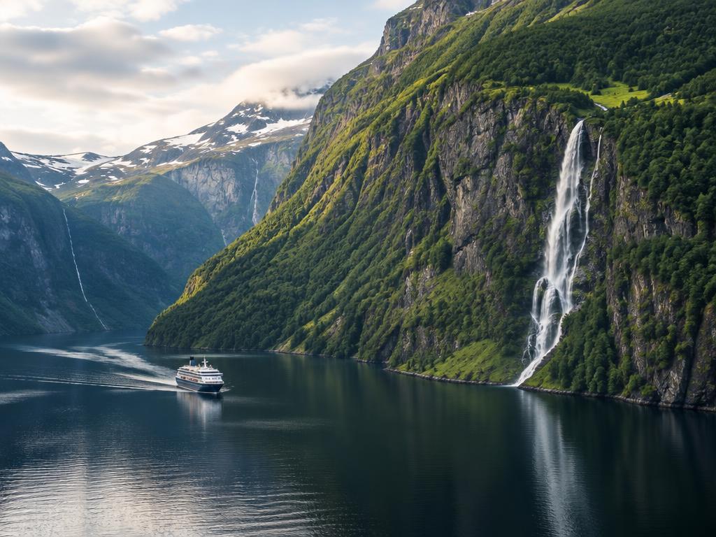 Crucero en un fiordo noruego con una cascada