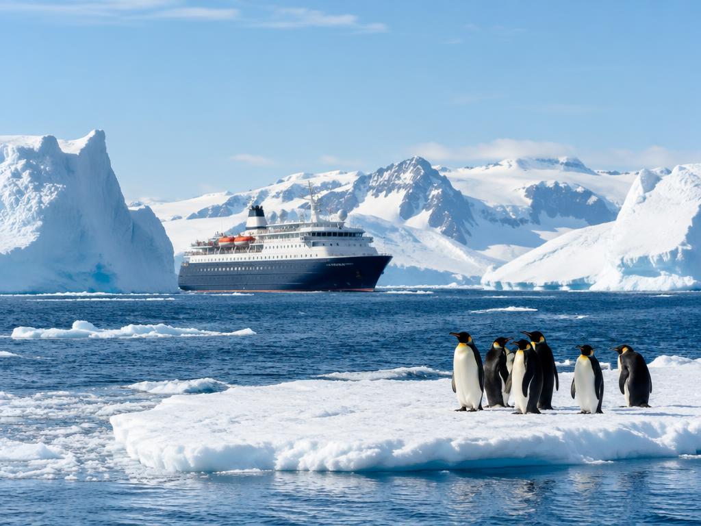 Barco entre icebergs con pingüinos en la Antártida