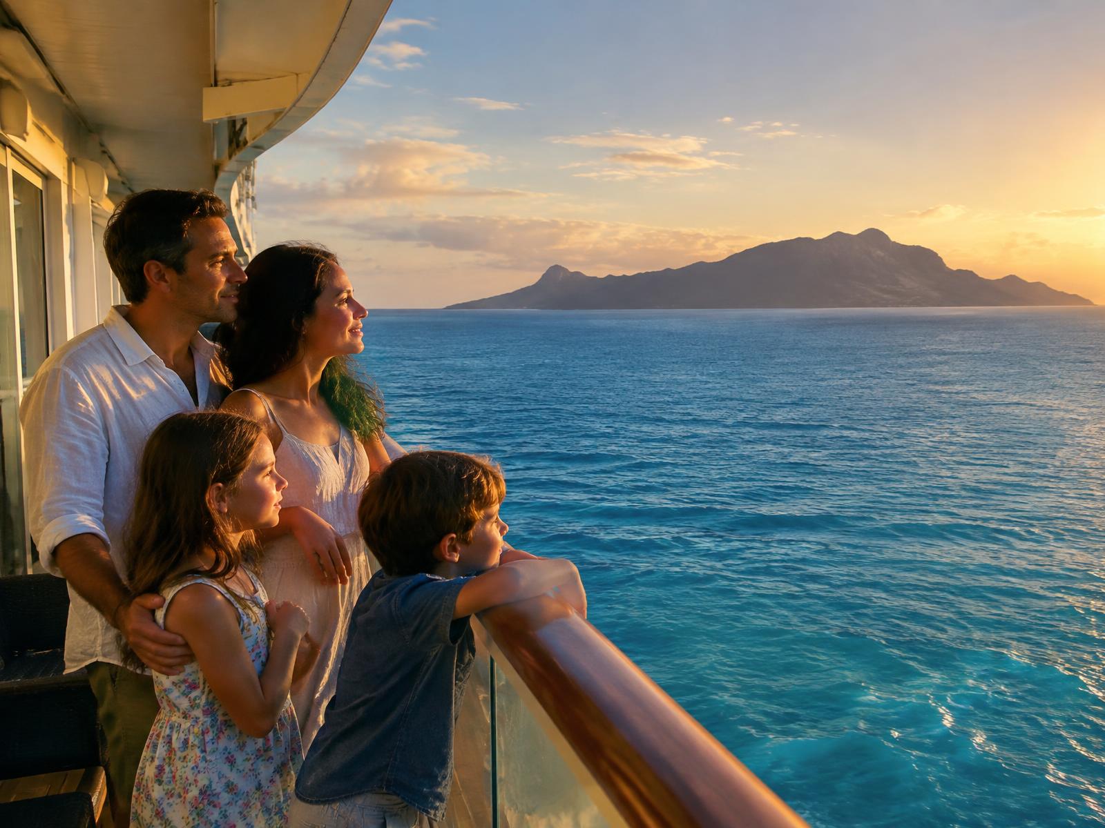 Familia observando islas del Caribe desde un crucero