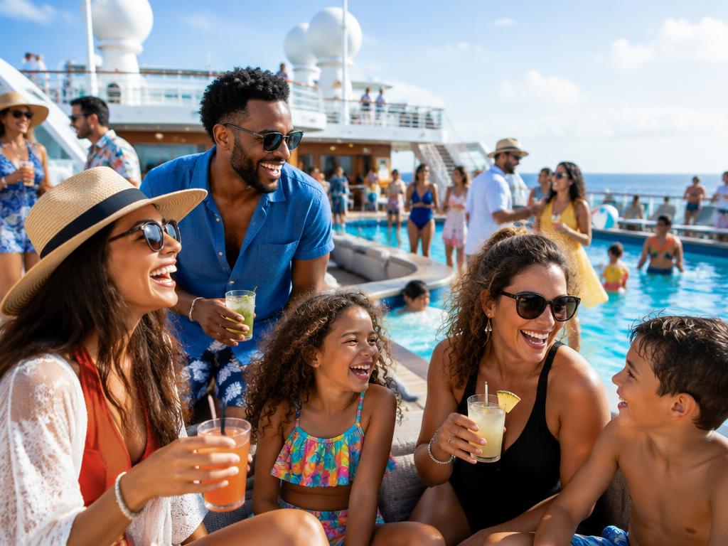 Grupo de amigos y familias riendo junto a la piscina de un crucero