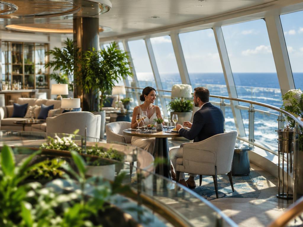 Pareja cenando en un salón moderno con vista al mar