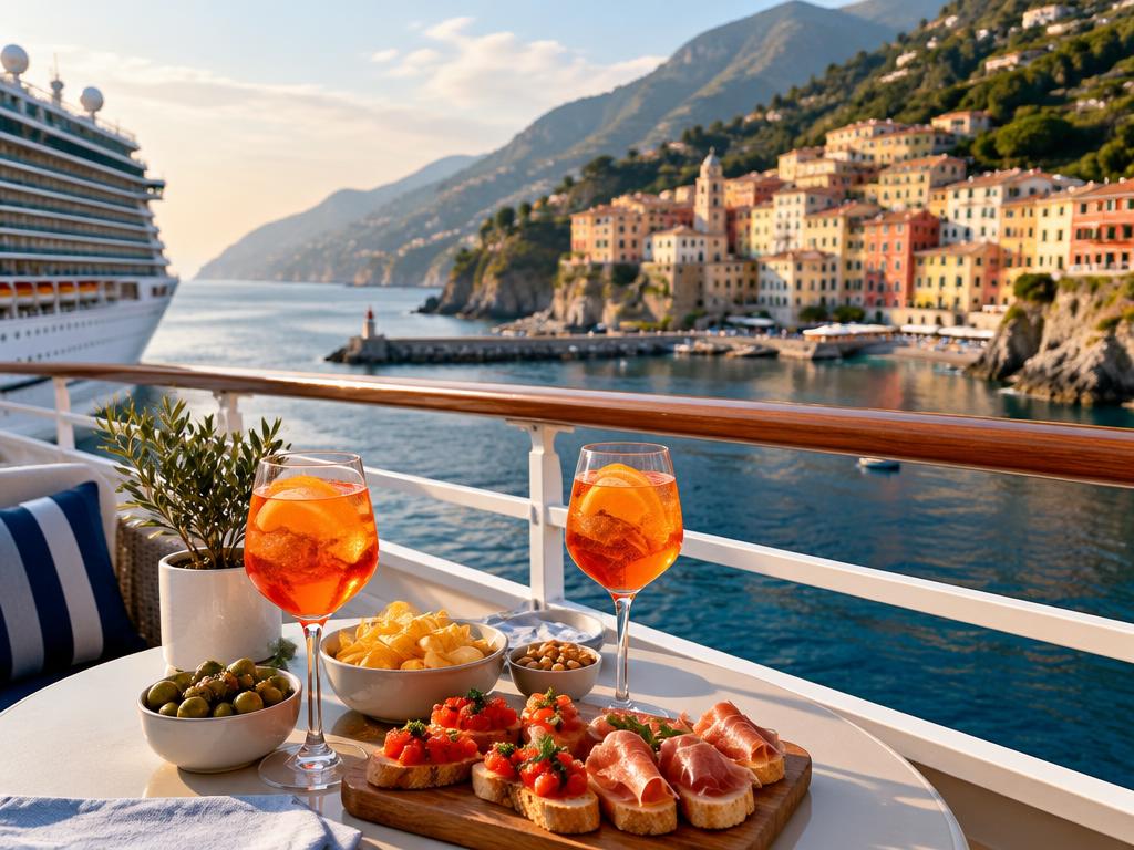 Aperitivo italiano en cubierta frente a un pueblo costero