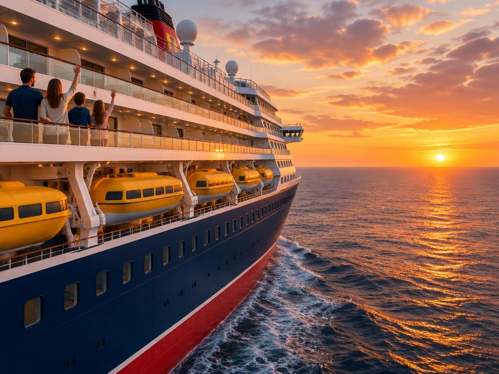 Familia saludando desde la cubierta de un crucero al atardecer