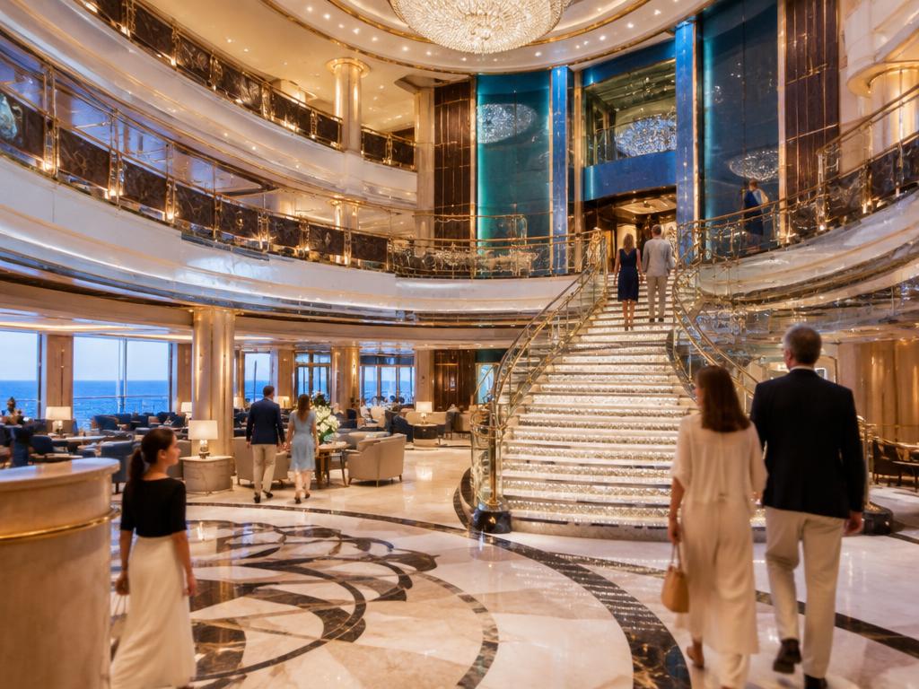 Atrio elegante de un crucero con escalera iluminada