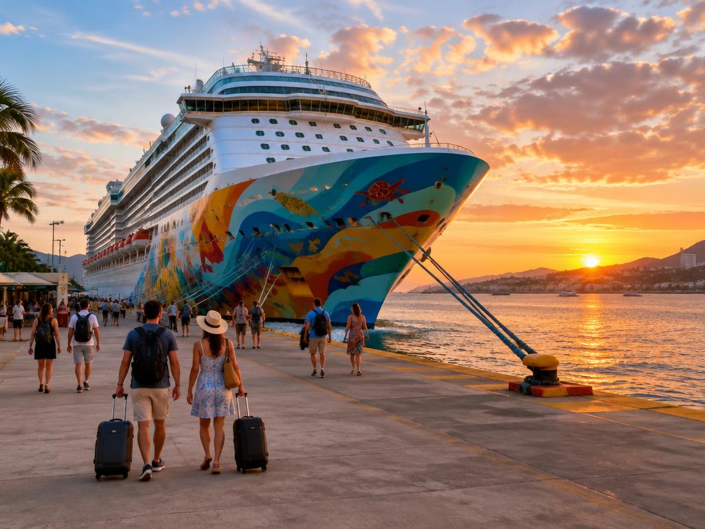 Viajeros caminando junto a un crucero de casco colorido en el muelle