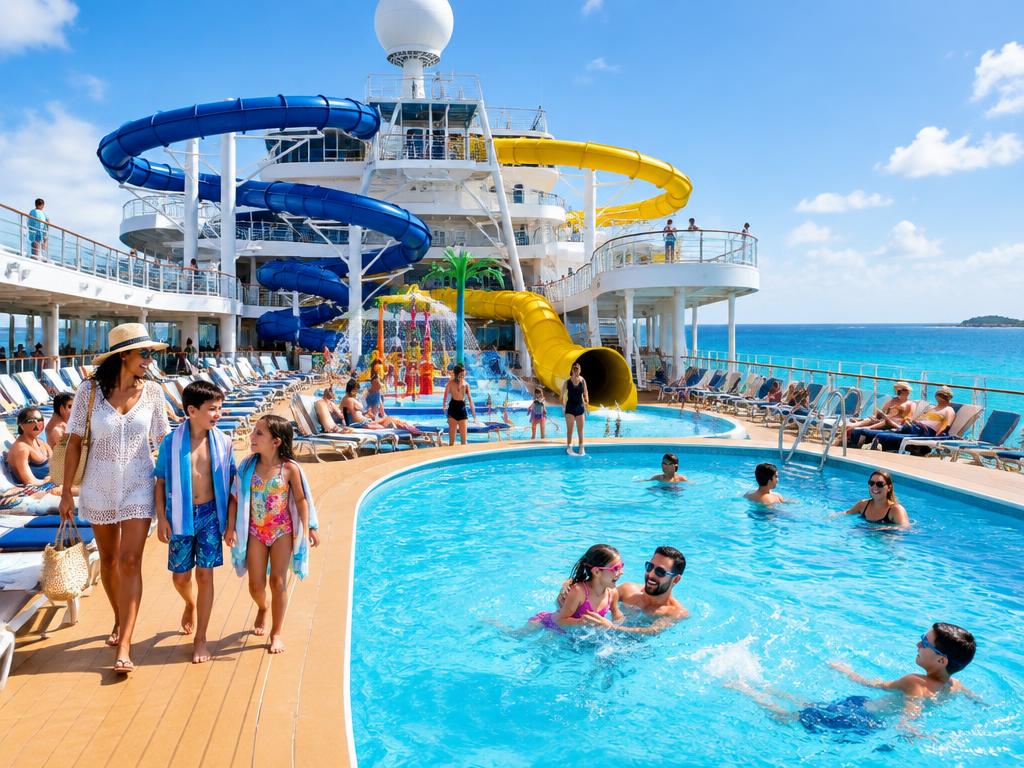 Cubierta de crucero con toboganes y piscina