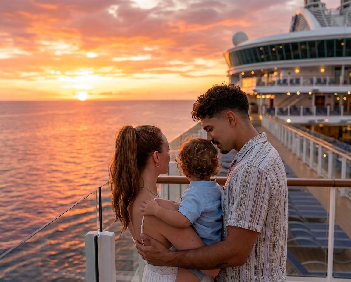 Familia contemplando el atardecer desde la cubierta de un crucero