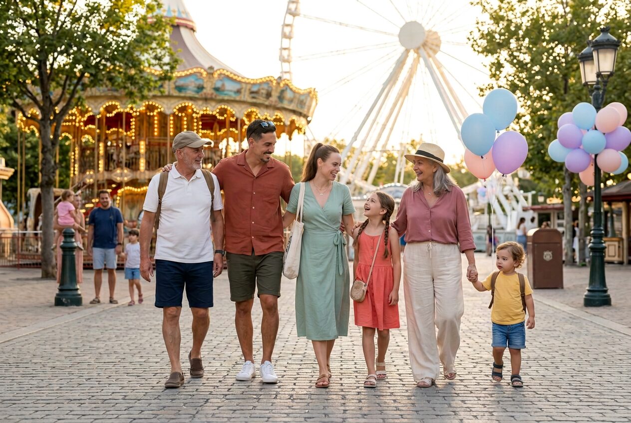 Familia de tres generaciones disfrutando un día en un parque de atracciones