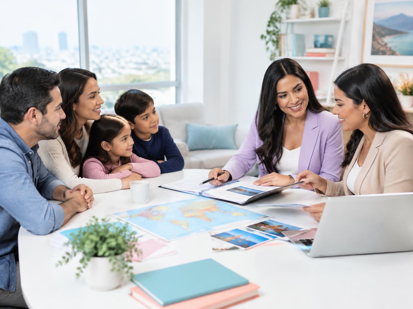 Familia conversando con asesoras sobre su proceso de viaje