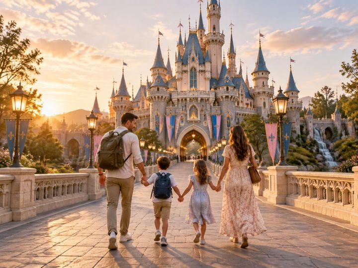 Familia llegando a un parque temático